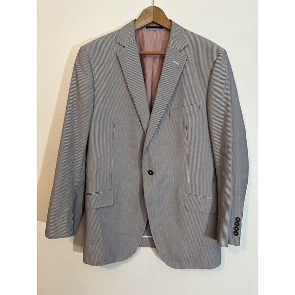 Blazer Blue Seer Sucker Print Men’s 40 Classic Vintage J Hilburn JSW Red Lining